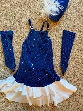 Blue Sequin Dance Costume Set with White Ruffle and Matching Hat